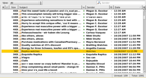 screenshot of an email inbox filled with spam