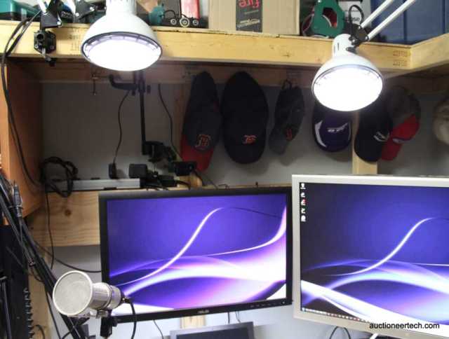 Lights on swing arms allow easy positioning for optimum video podcast lighting.